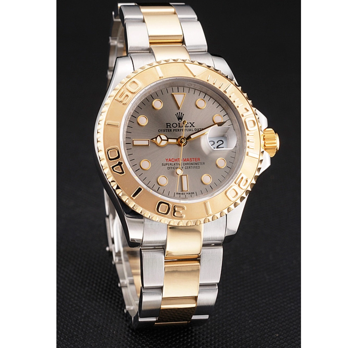 Aaa replica watch Two Dial Rolex Case Swiss Steel Tone Dial Stainless Gold Yacht-Master Gray Bezel 0525